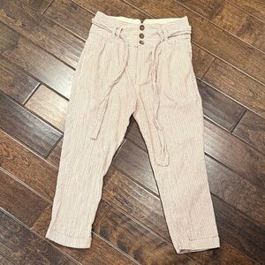 Free People Cream and Pale Pink Striped Paperbag Waist Cropped Cotton Pants